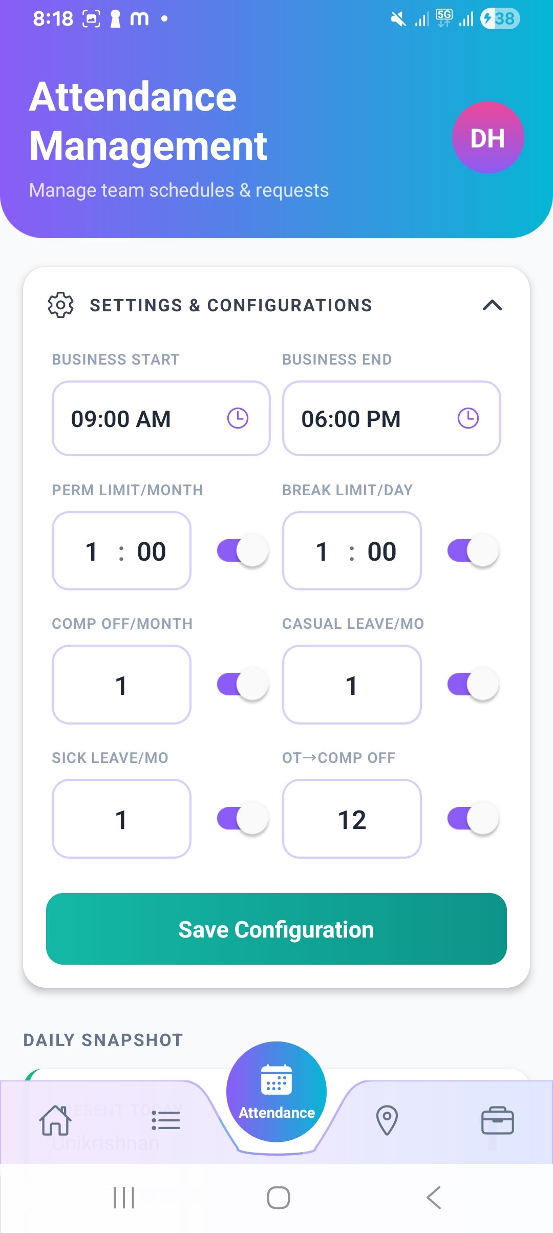 Leave management and overtime settings - EMP Business app screenshot 6 of 9